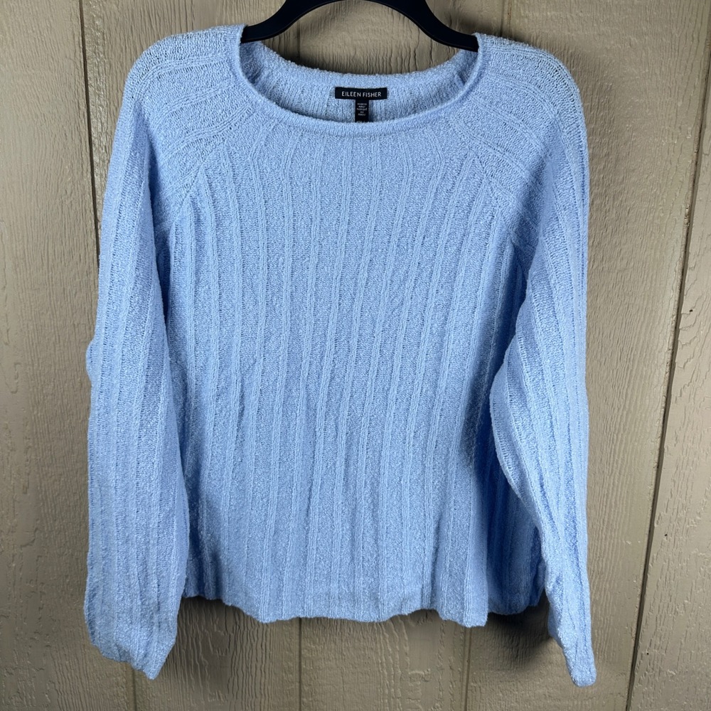 Eileen Fisher Sweater Womens Sz Large Blue Organic Cotton Ribbed Raglan Pullover